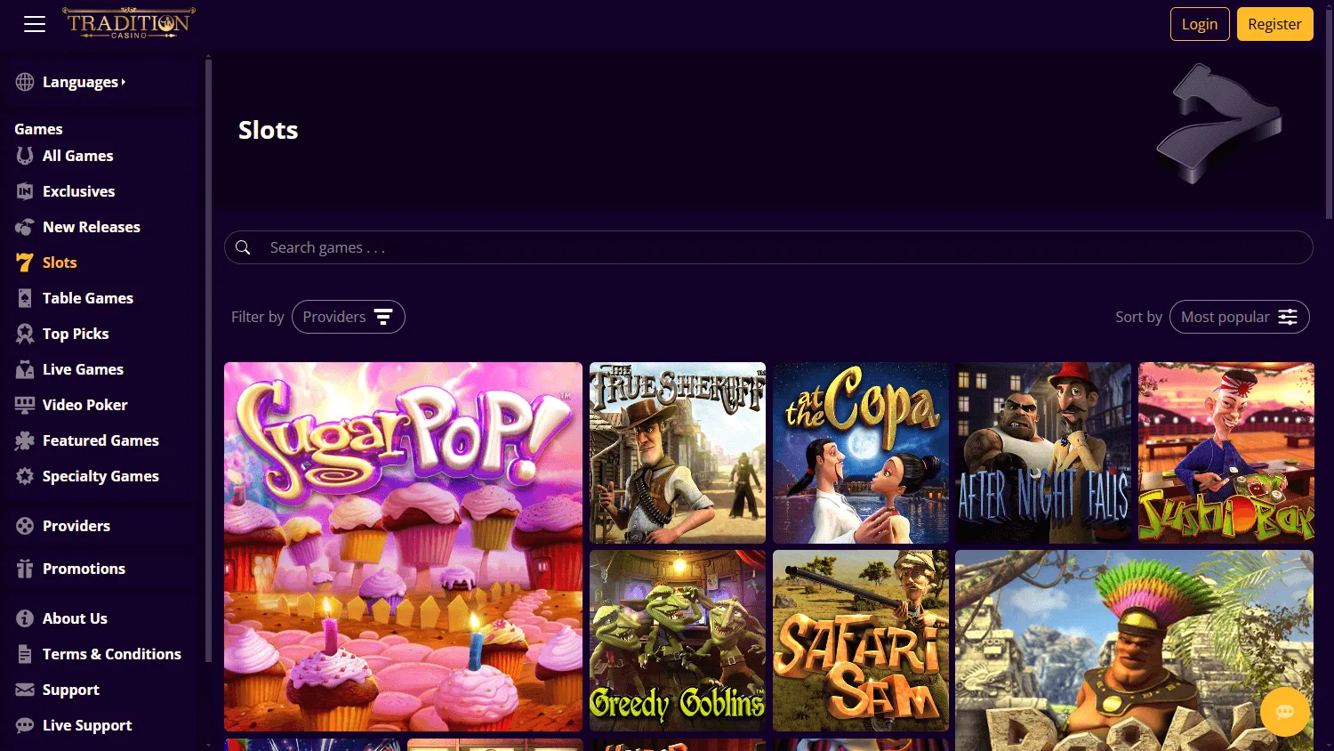 Tradition Casino desktop games area with casino categories and titles