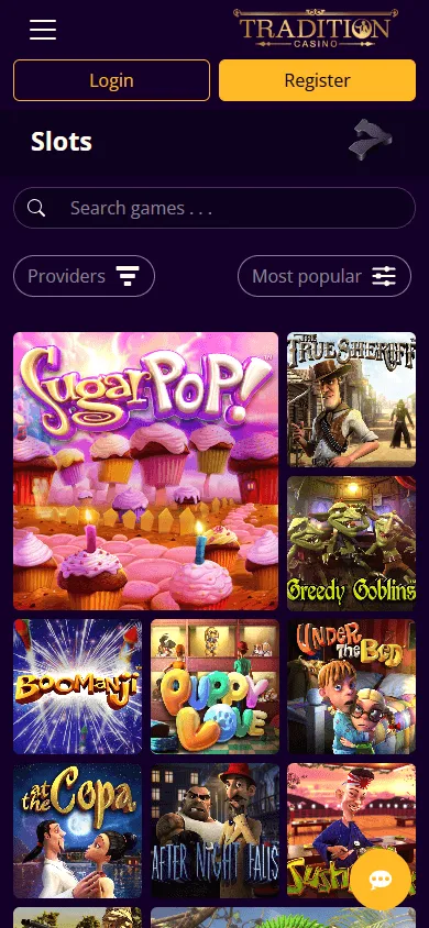 Tradition Casino mobile games area with slots, table games and live games