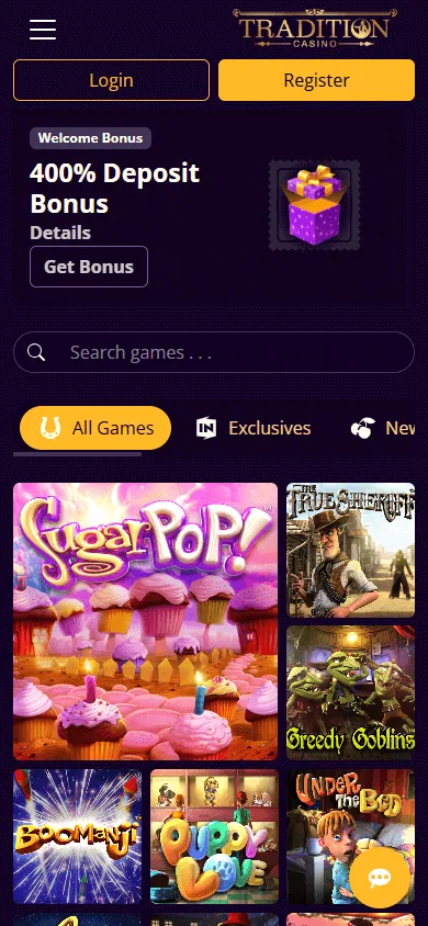 Tradition Casino mobile home with AUD support and casino promotions