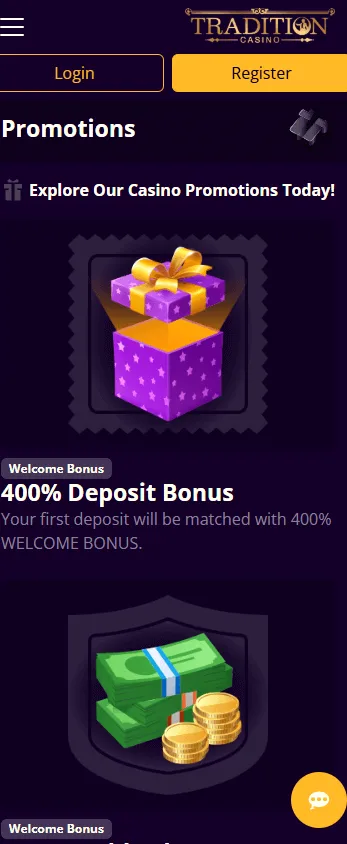 Tradition Casino mobile promotions area with deposit and cashback offers