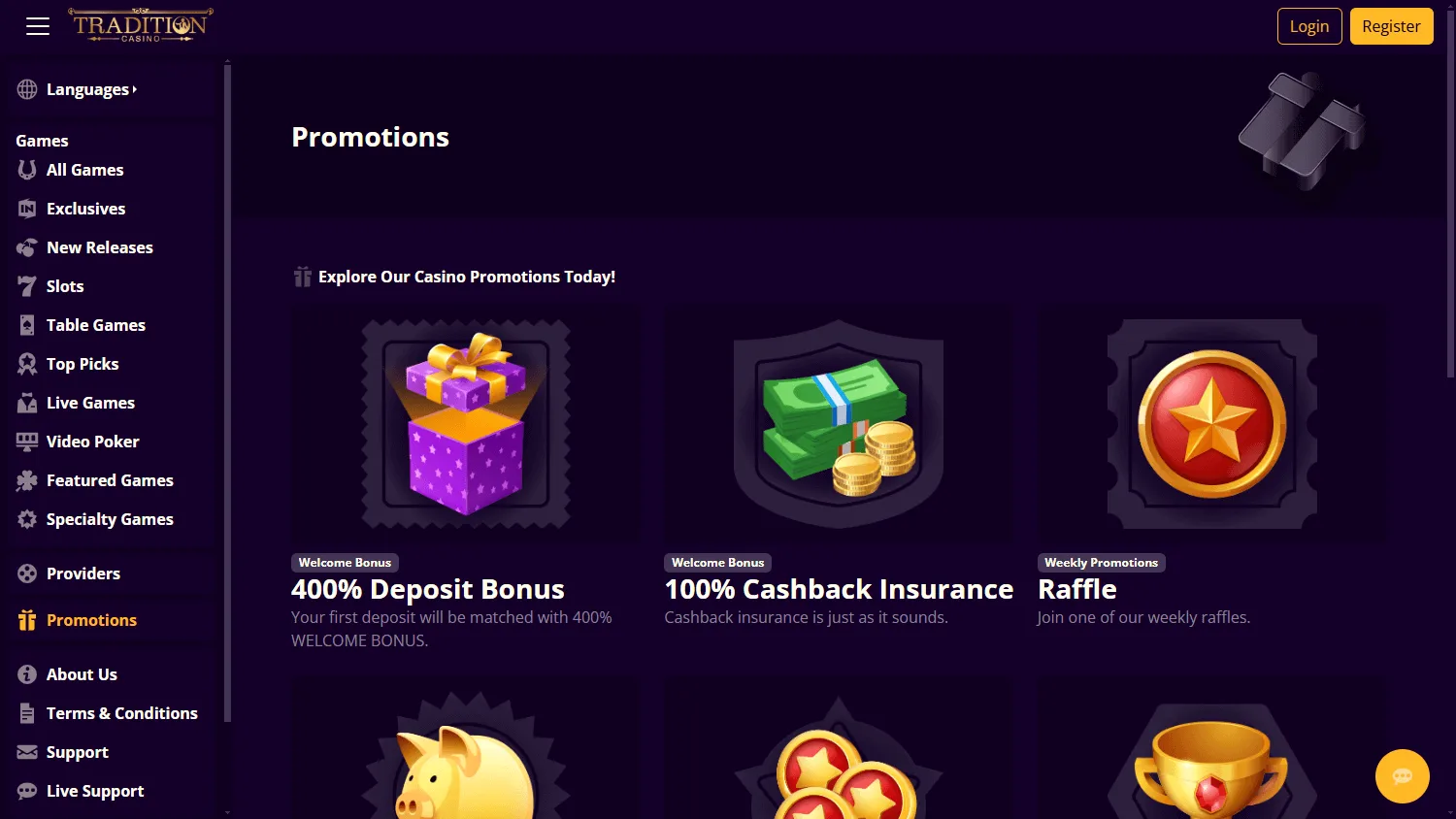 Tradition Casino desktop promotions area with bonuses and promotional offers