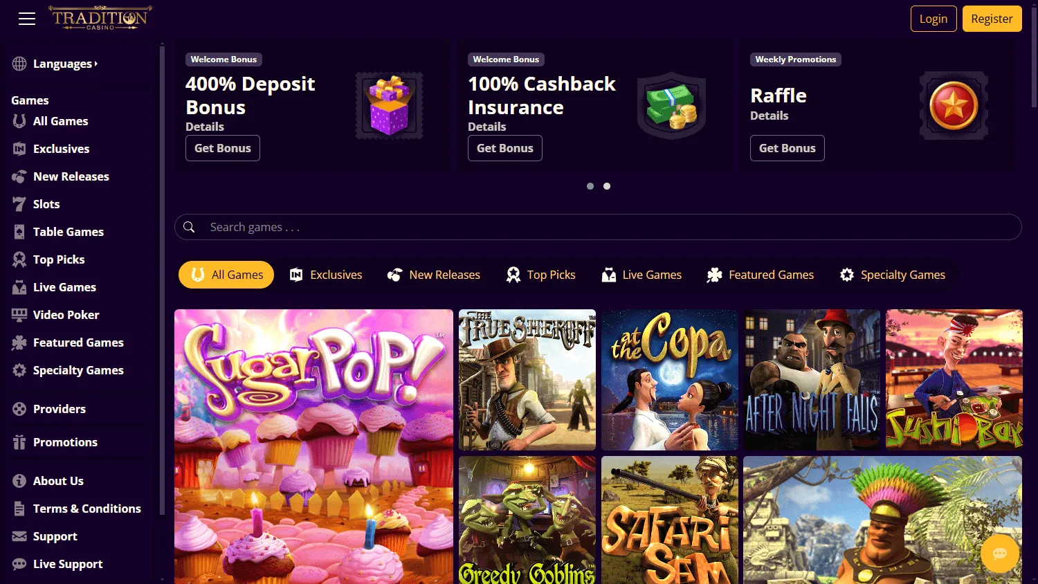 Tradition Casino desktop home showing the casino offer and account features